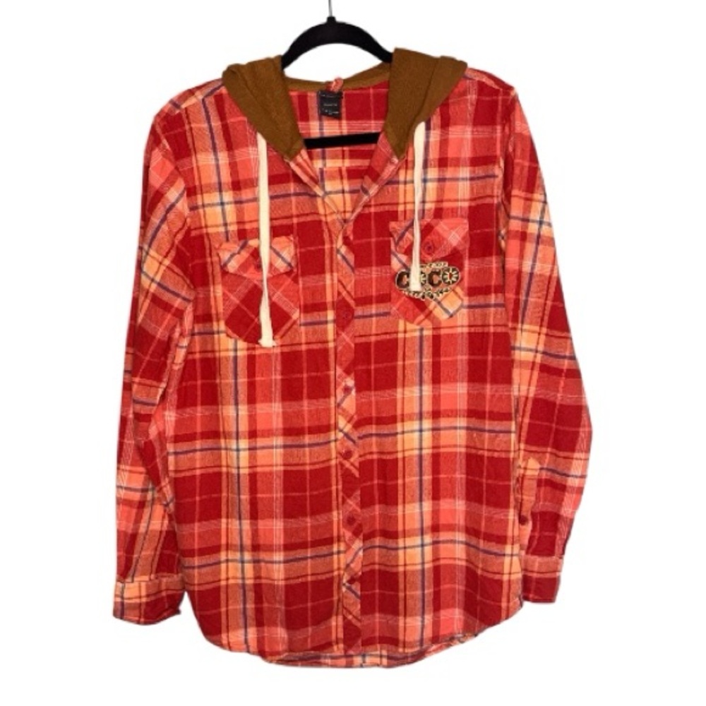 Disney Pixar Coco Miguel Poster Hooded Plaid Flannel Boyfriend Shirt size Small